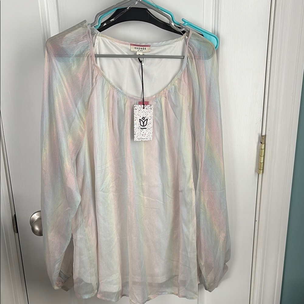 Andree White and Pink Sheer Long Sleeve Blouse